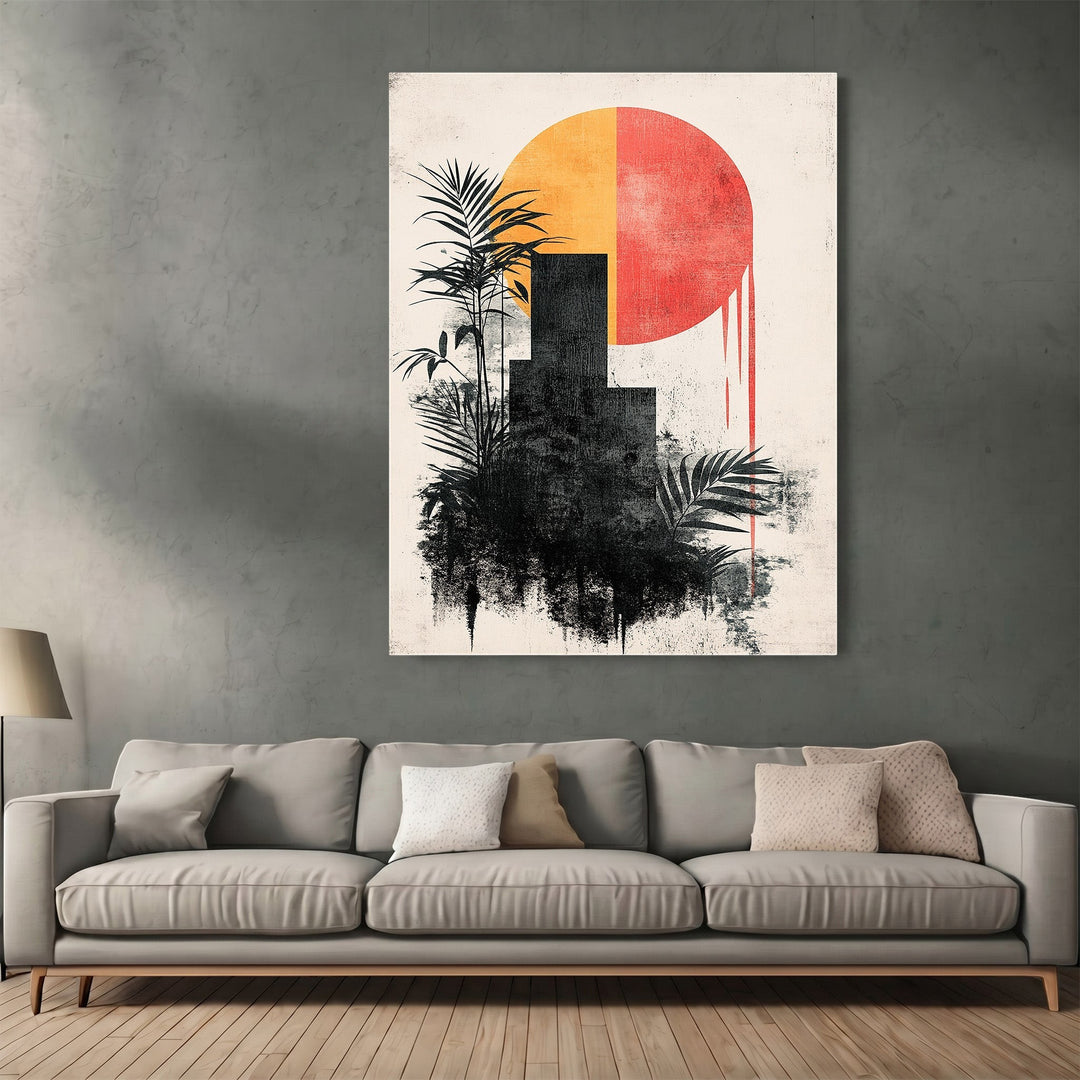 Wadi Home abstract geometric sun wall art print with yellow and red sun, black silhouettes, and palm leaves in a lounge