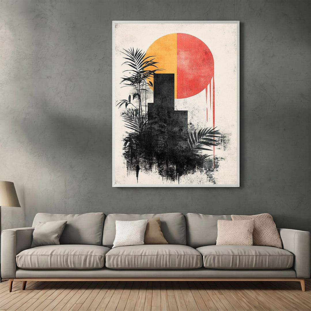 Wadi Home abstract geometric sun wall art print with yellow and red sun, black silhouettes, and palm leaves in a living room.
