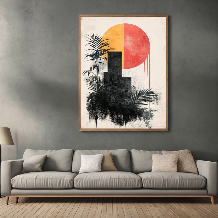 Wadi Home abstract geometric sun wall art print with yellow and red sun, black silhouettes, and palm leaves in a frame.