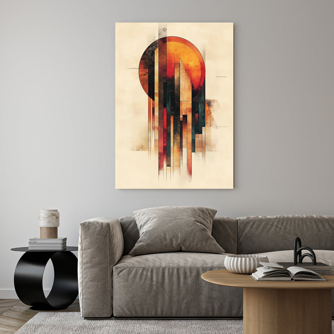 Wadi Home abstract geometric sunburst wall art with warm oranges, reds, and blues. Modern art print for home decor.