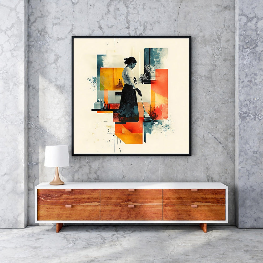 Wadi Home abstract geometric wall art of a woman sweeping, featuring warm oranges, yellows, and cool blues.