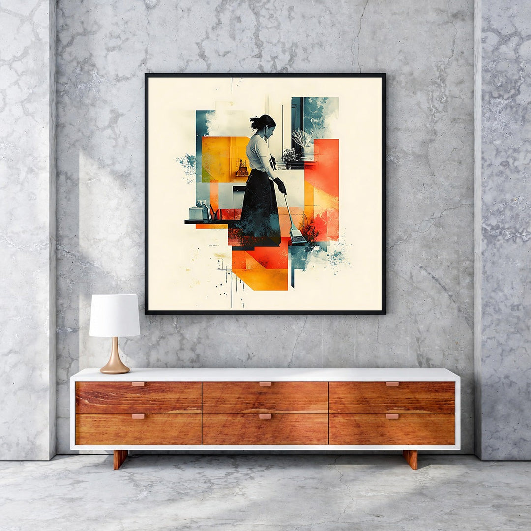 Wadi Home abstract geometric wall art of a woman sweeping, featuring warm oranges, yellows, and cool blues.