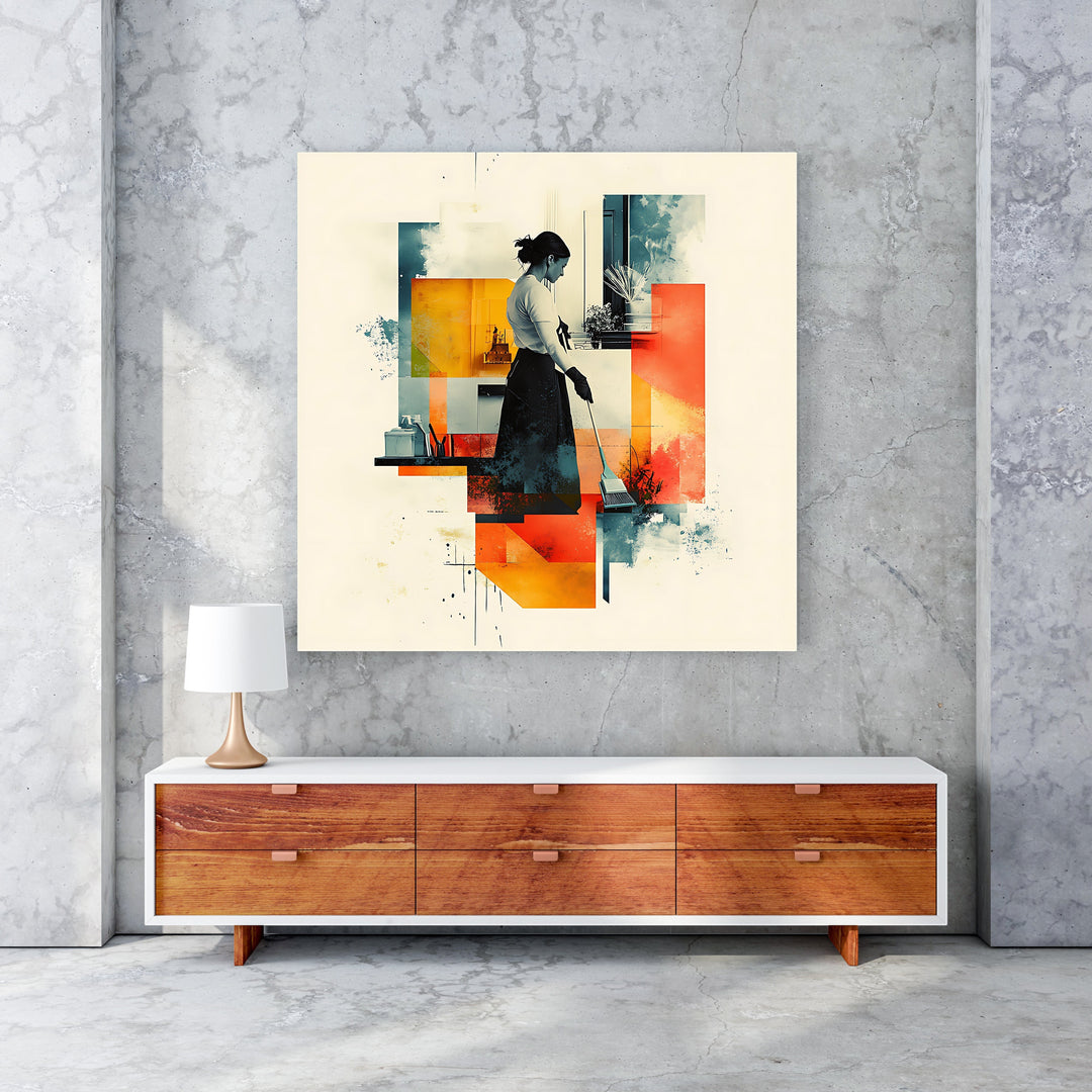 Wadi Home abstract geometric wall art depicting a woman sweeping in warm oranges, yellows, and cool blues.