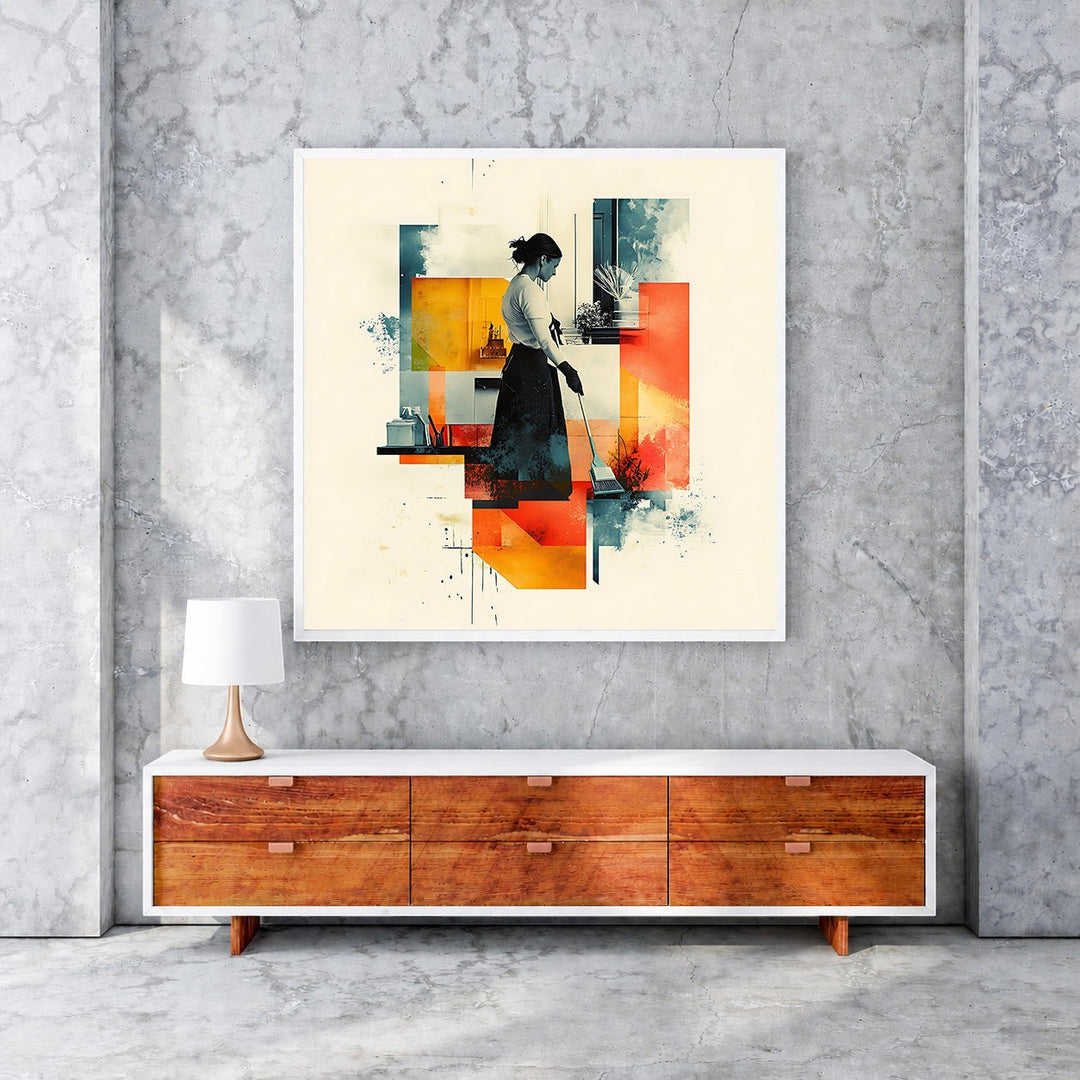 Wadi Home abstract geometric wall art of a woman sweeping, featuring warm oranges, yellows, and cool blues.