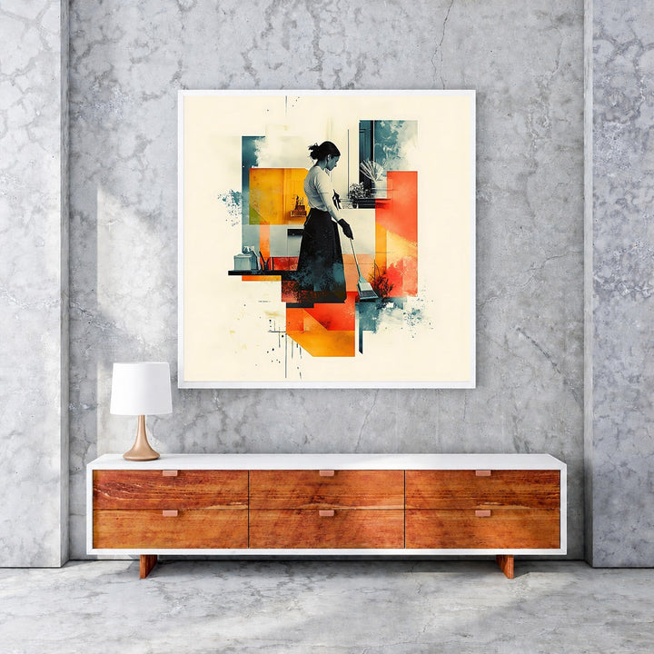 Wadi Home abstract geometric wall art of a woman sweeping, featuring warm oranges, yellows, and cool blues.