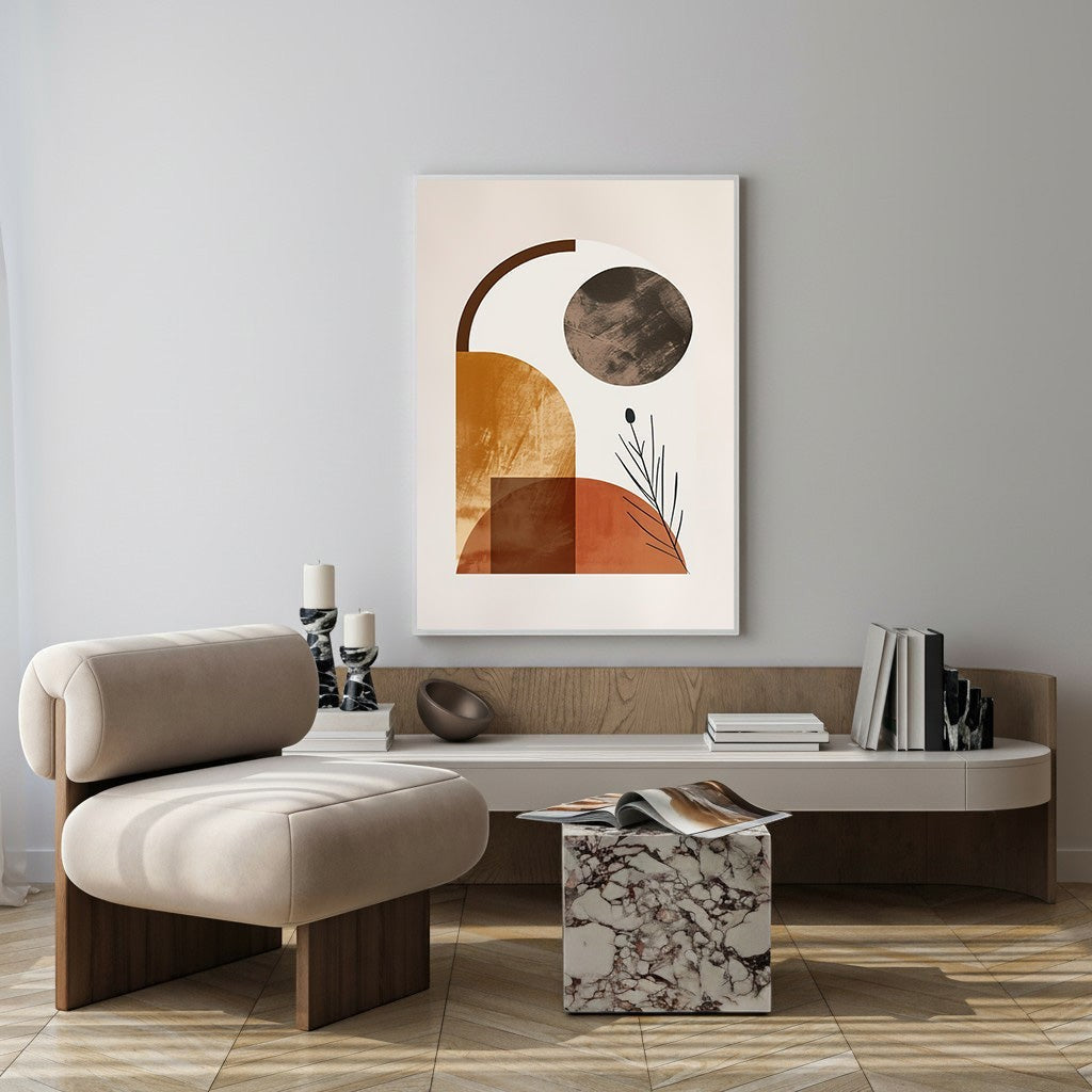 Wadi Home abstract geometric wall art with terracotta, brown, and cream shapes and a dark circular element.