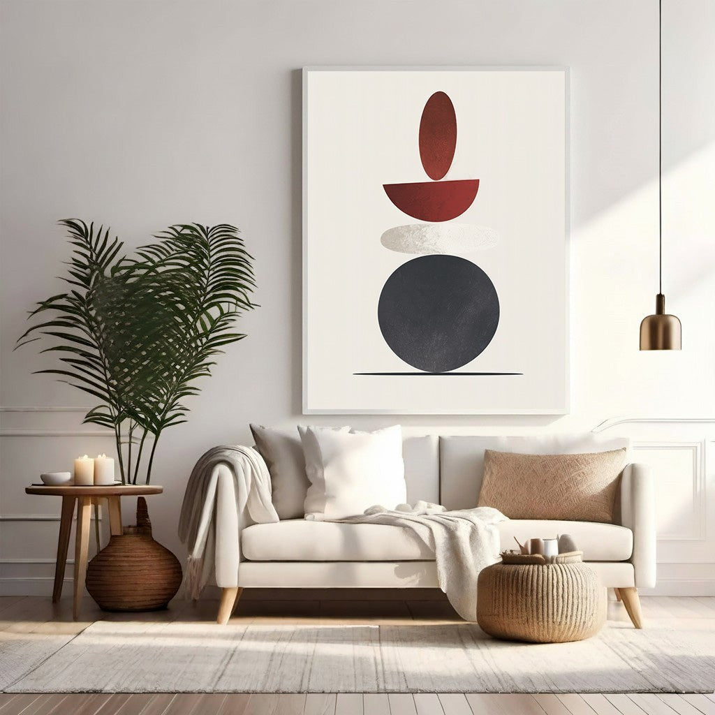 Wadi Home abstract geometric wall art with stacked red, grey, and black shapes in a modern living room.