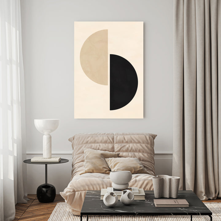 Wadi Home abstract geometric wall art featuring interlocking beige and black semi-circles on a cream background.