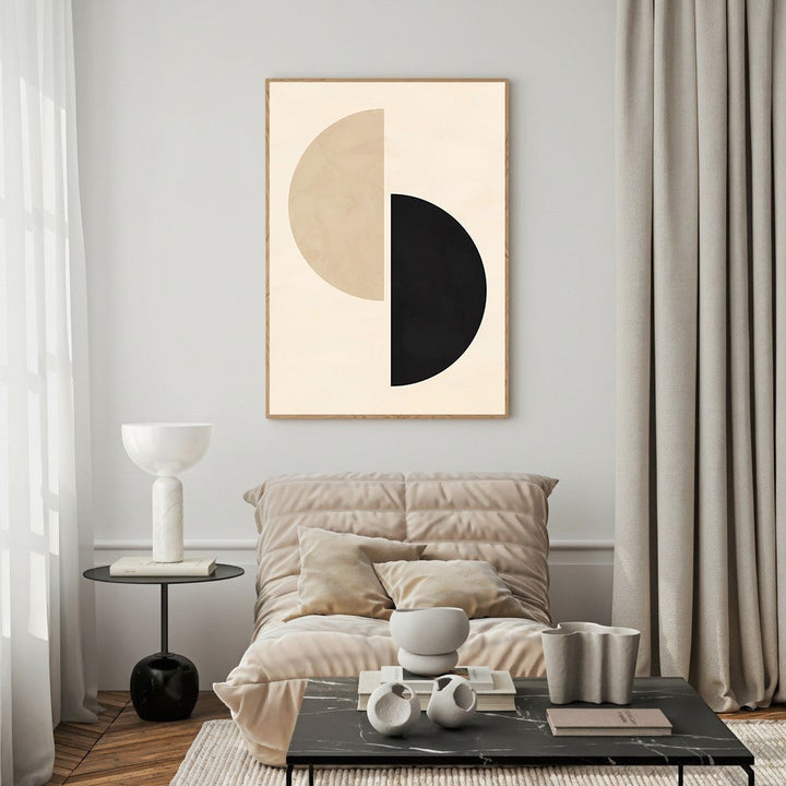 Wadi Home abstract geometric wall art featuring two interlocking beige and black semi-circles on a cream background.