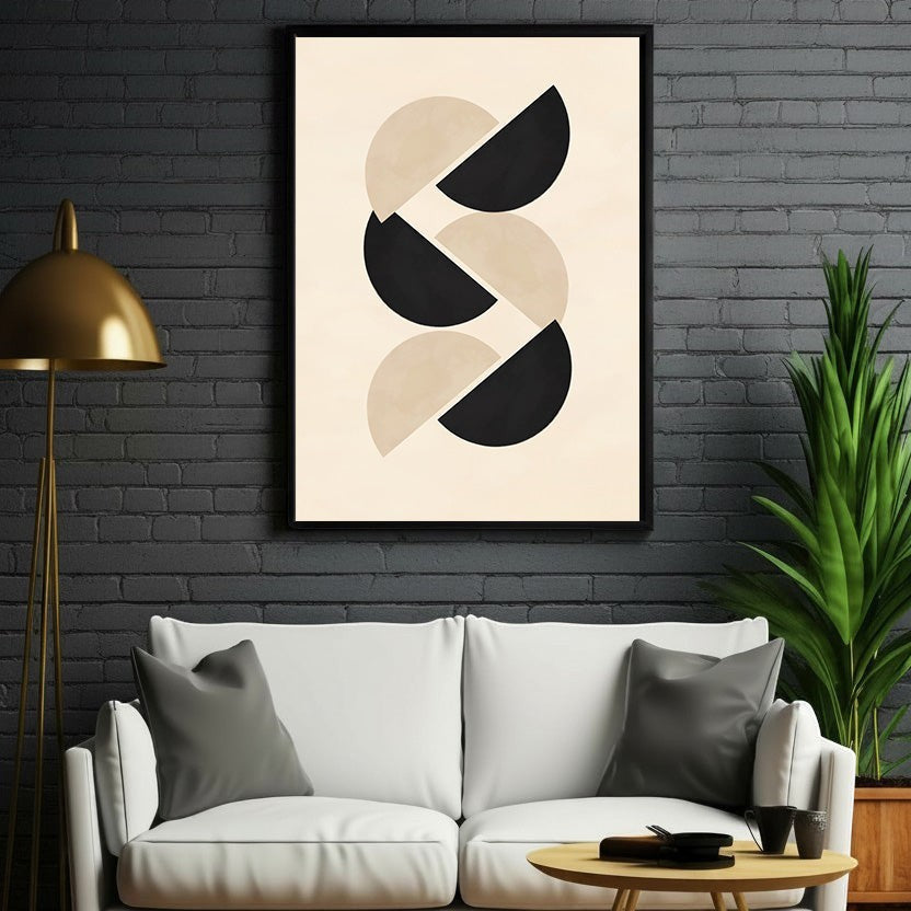 Wadi Home abstract geometric wall art with interlocking black and beige half circles. Modern minimalist design.