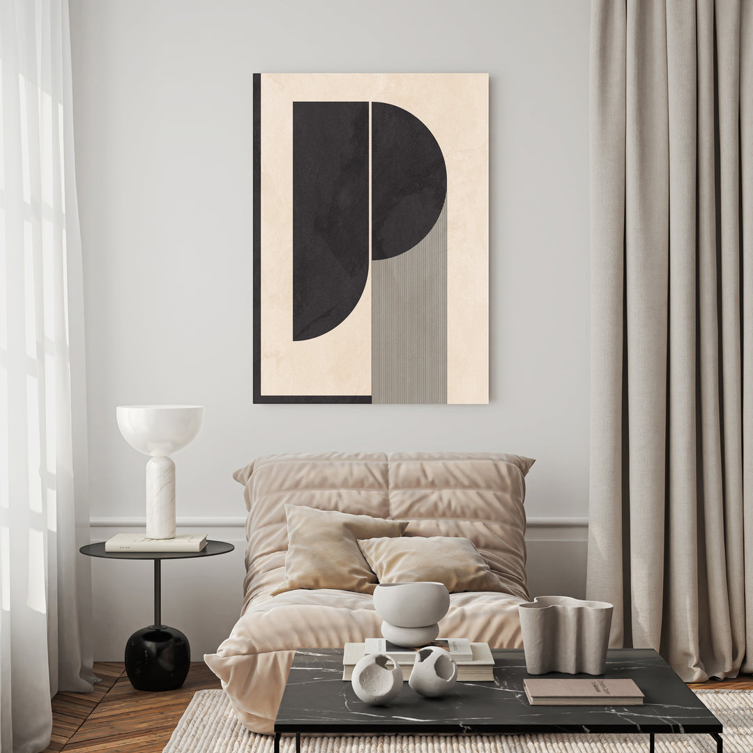 Wadi Home abstract geometric wall art in black and cream with minimalist design. Features clean lines and intriguing shapes.
