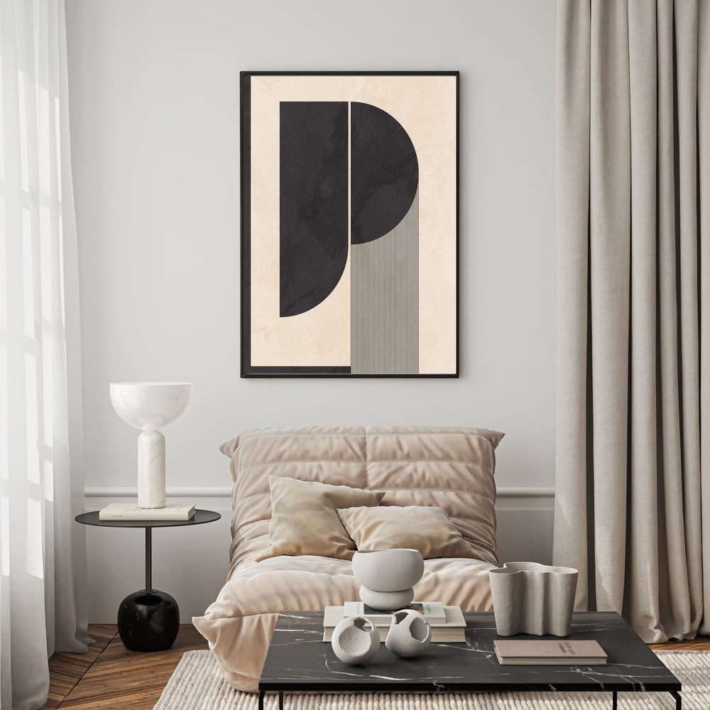 Wadi Home abstract geometric wall art in black and cream with clean lines and minimalist design.