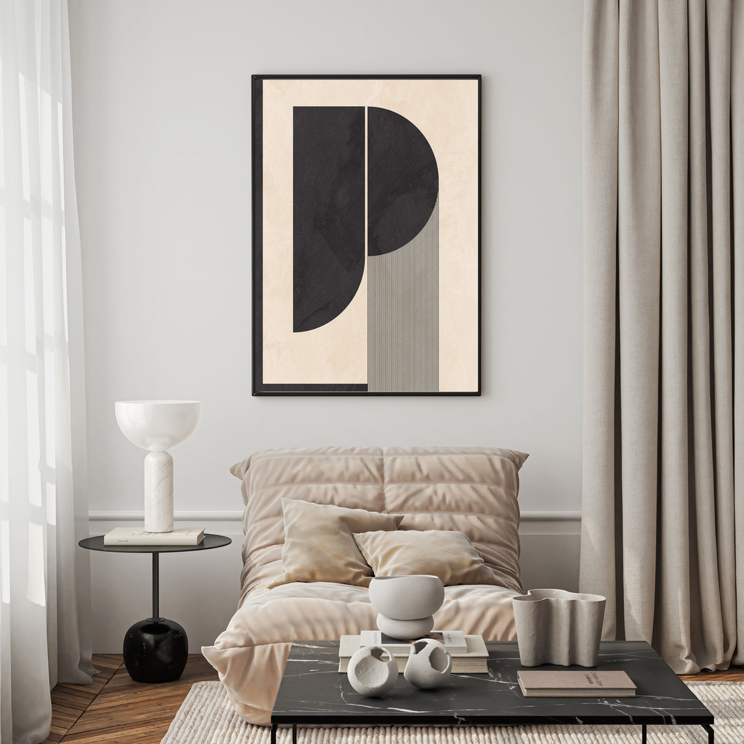 Wadi Home abstract geometric wall art in black and cream with clean lines and minimalist design.
