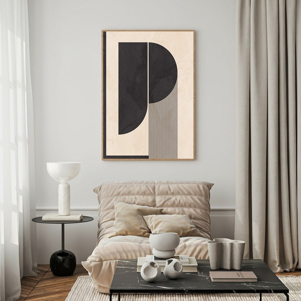 Wadi Home abstract geometric wall art in black and cream with minimalist design and clean lines.