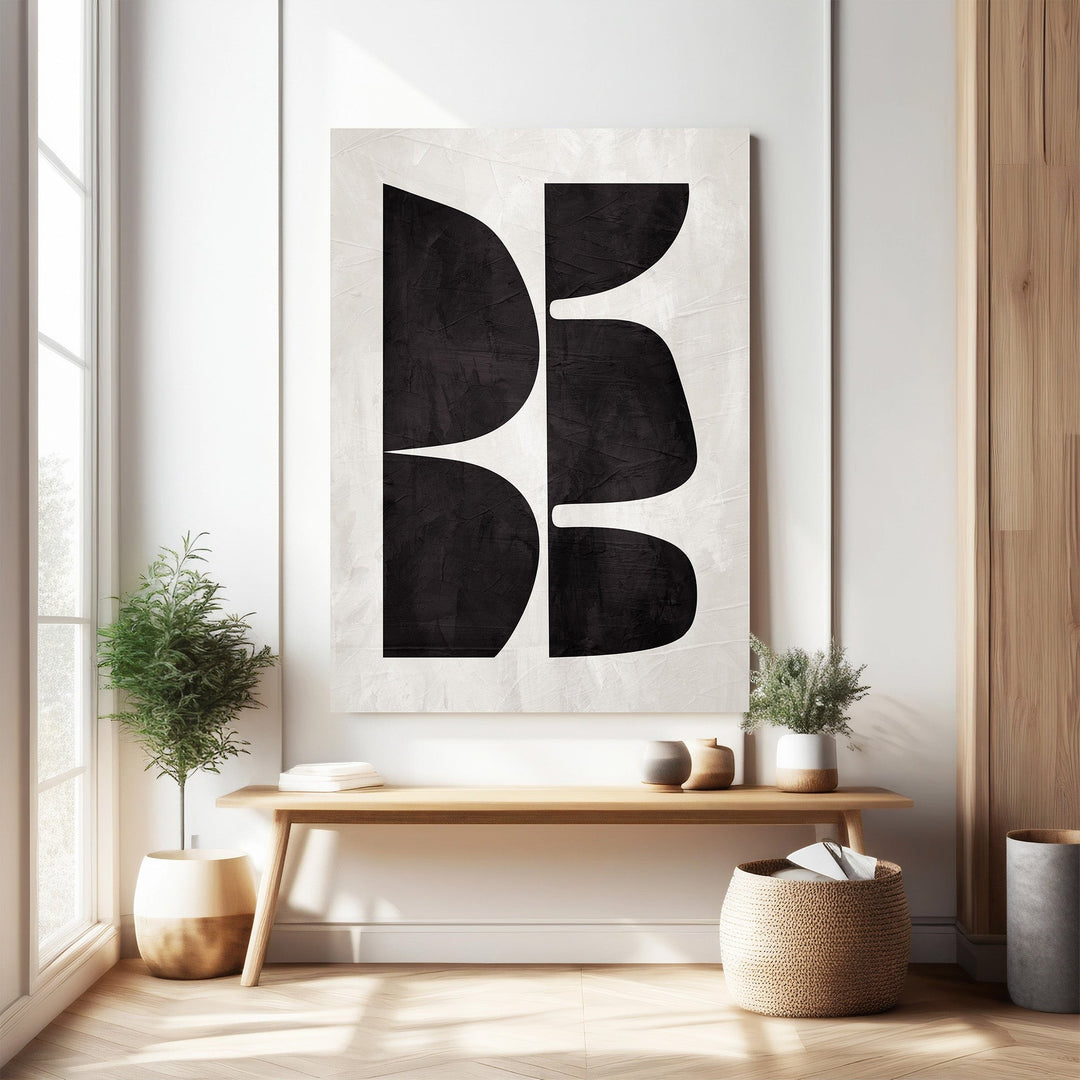 Wadi Home Abstract Geometric Shapes Wall Art in black and off-white with textured background.