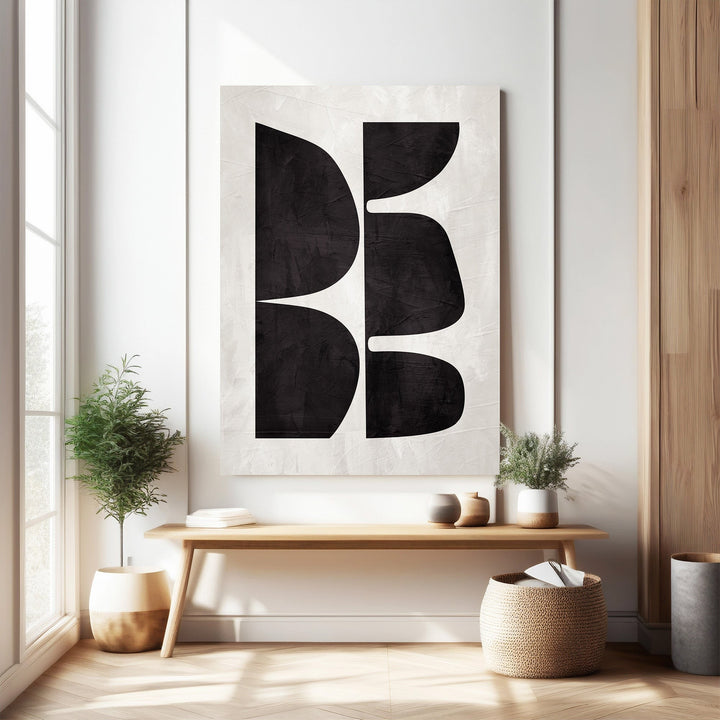 Wadi Home Abstract Geometric Shapes Wall Art in black and off-white with textured background.