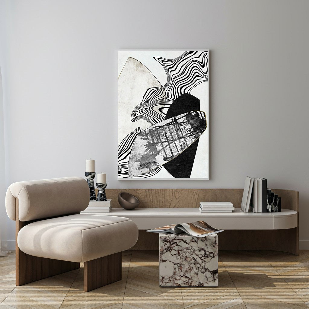 Wadi Home abstract geometric wall art with black, white, and neutral tones, featuring bold lines and organic shapes.