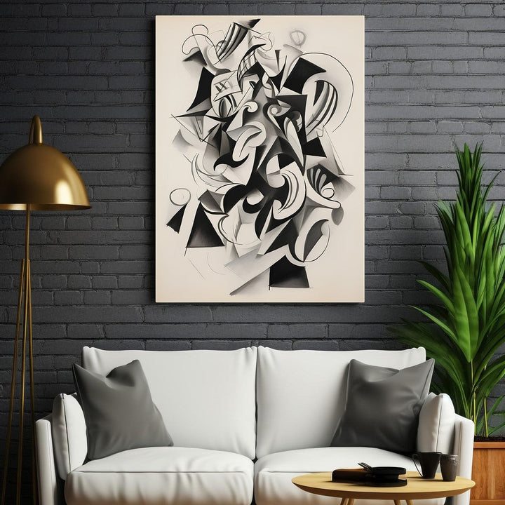 Wadi Home abstract geometric wall art in black and white, featuring dynamic shapes and bold lines, perfect for modern interiors.