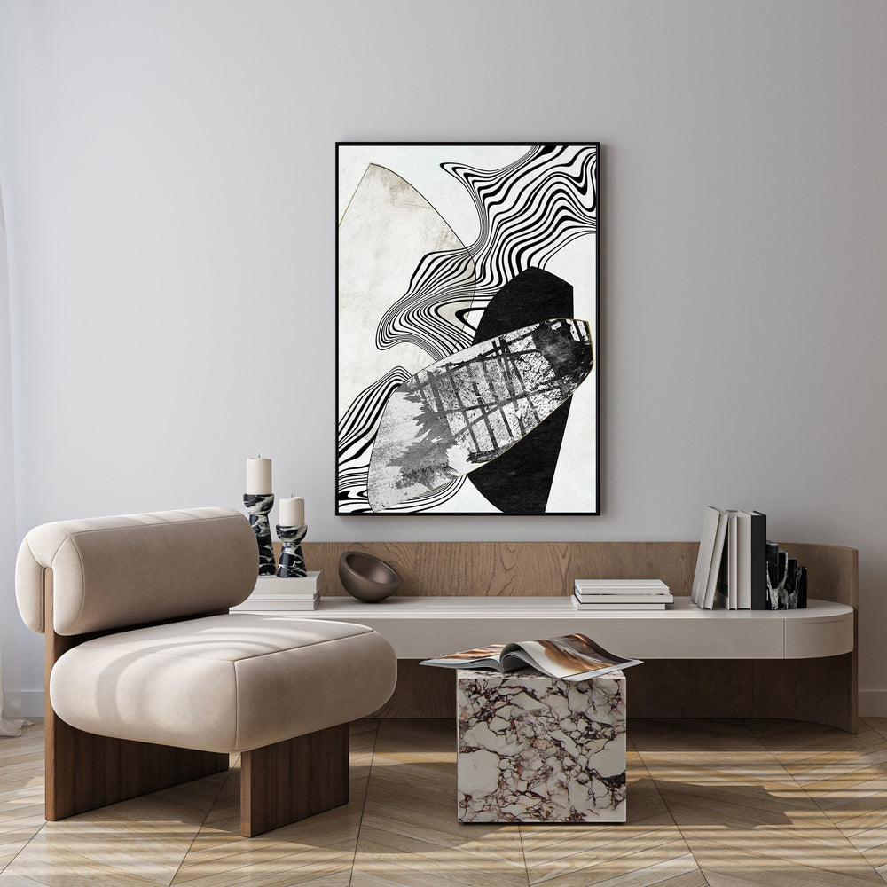 Wadi Home abstract geometric wall art in black, white, and neutral tones with bold lines and organic shapes.