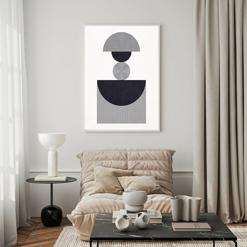 Wadi Home abstract geometric wall art with black and white shapes and lines, modern minimalist design.