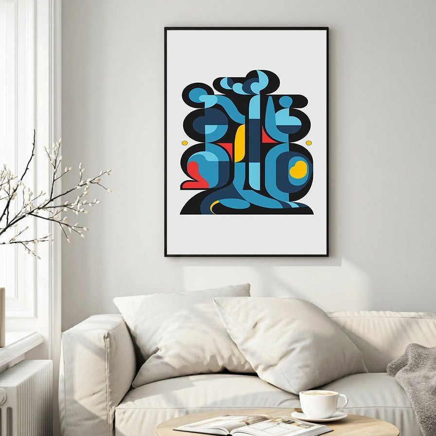 Wadi Home abstract geometric wall art with blue, red, and yellow shapes. Modern mid-century style.