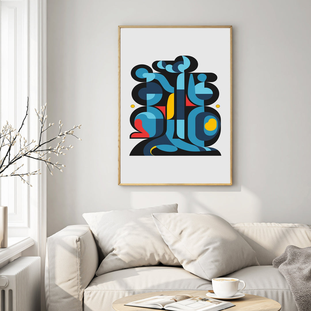 Wadi Home abstract geometric wall art with blue, red, and yellow shapes. Modern mid-century style.