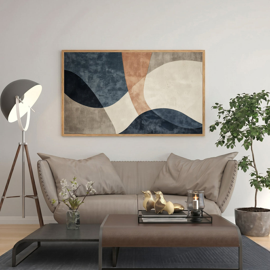 Wadi Home abstract geometric wall art with blue, terracotta, and neutral tones. Textured organic shapes create a modern, artistic focal point.