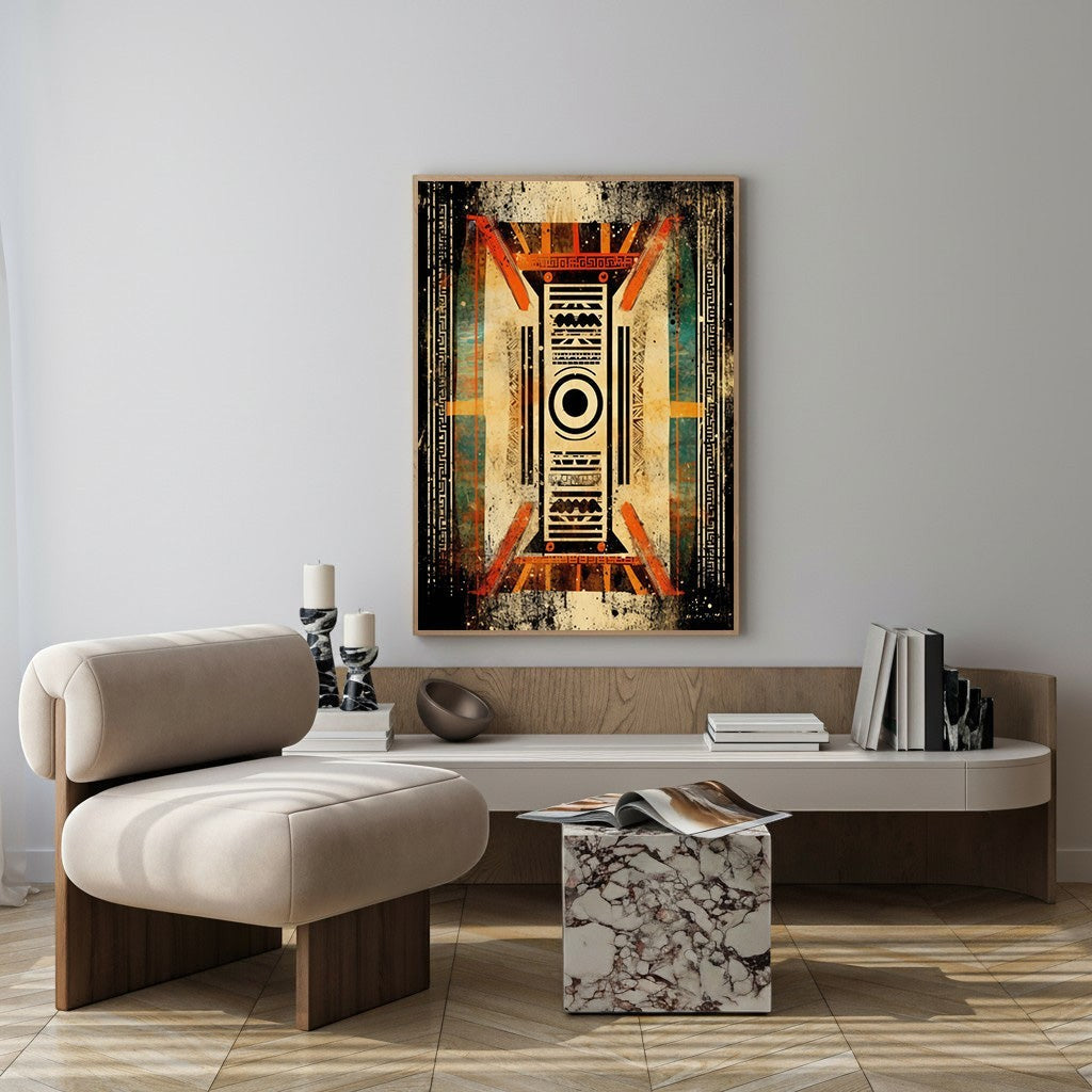 Wadi Home abstract geometric wall art with earthy tones, black, and orange accents. Features symmetrical design and distressed textures.