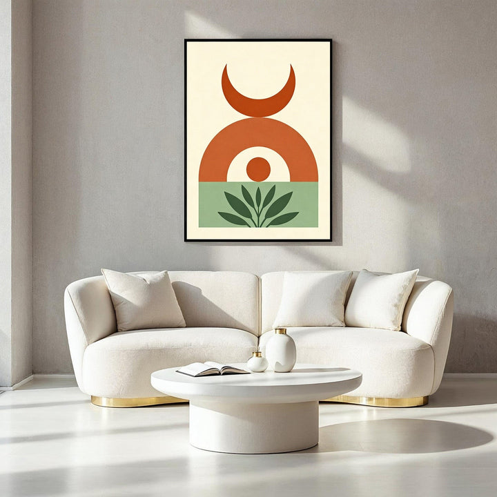 Wadi Home abstract geometric boho wall art with terracotta, sage green, and cream shapes. Features a crescent moon, arch, circle, and plant motif.