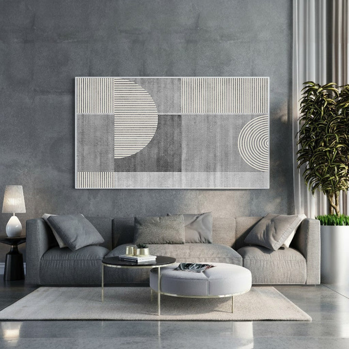 Wadi Home abstract geometric wall art in grey and white with circles and lines. Modern decor for living room.