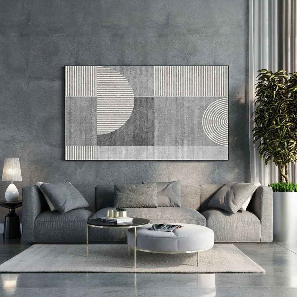 Wadi Home abstract geometric wall art in grey and white, featuring circles and lines. Modern decor for living room.