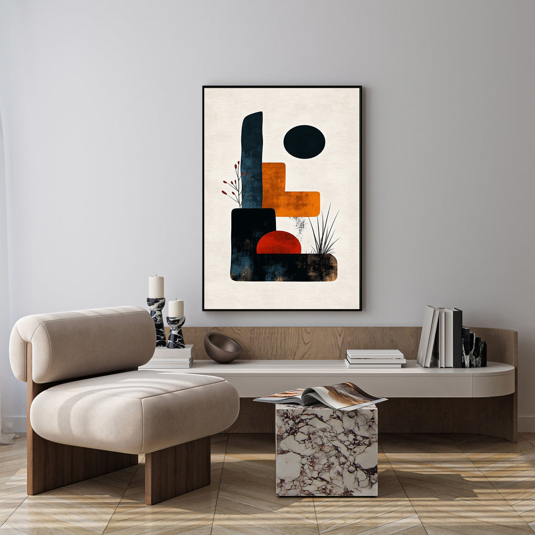 Wadi Home abstract geometric wall art with navy, burnt orange, and black shapes on textured cream background.