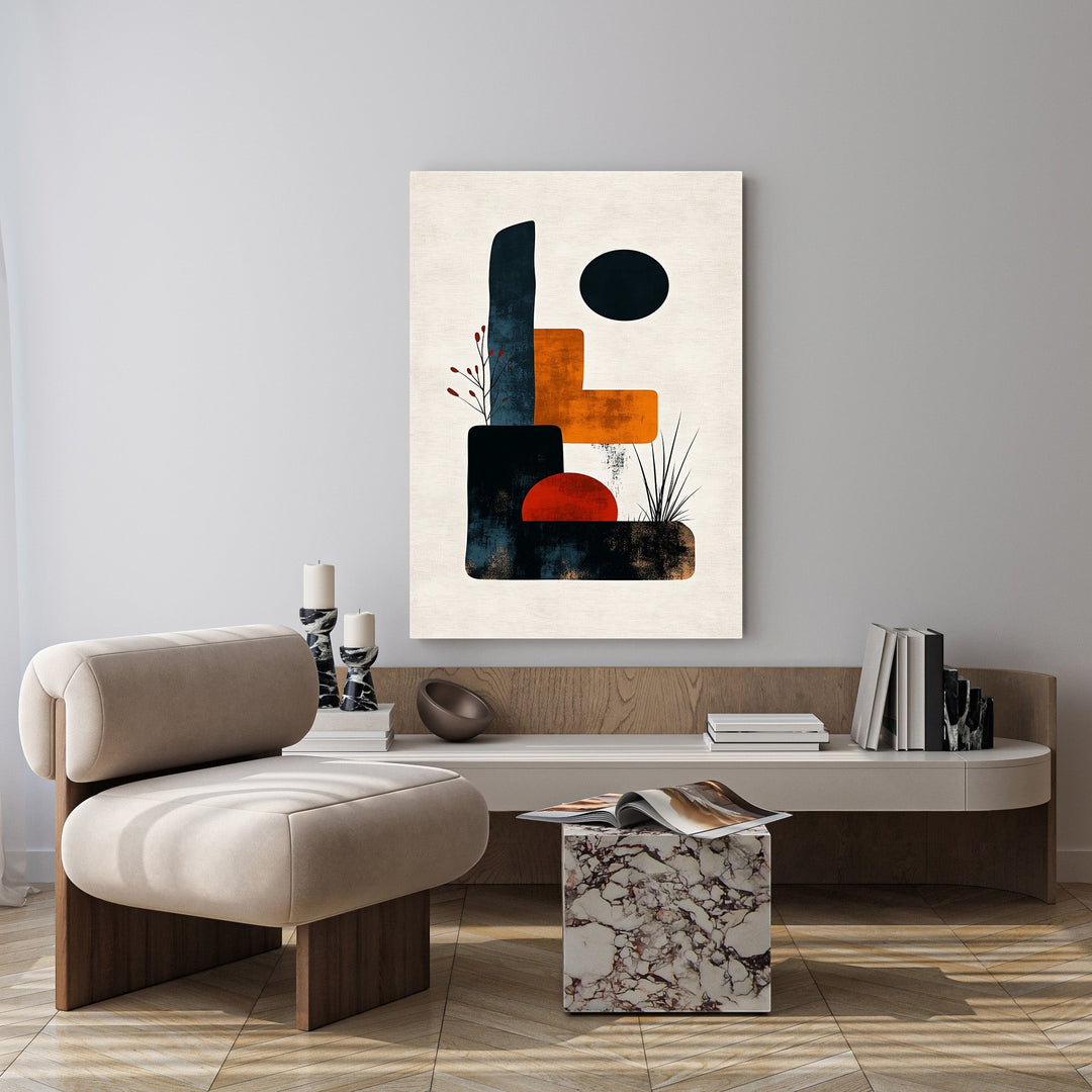 Wadi Home abstract geometric wall art with navy, burnt orange, black shapes and red circle on textured cream background.