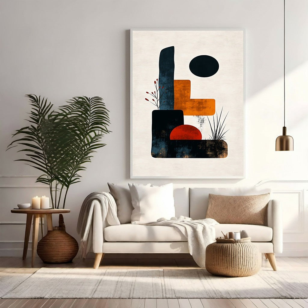 Wadi Home abstract geometric wall art with navy, orange, red, and gold accents on textured background.