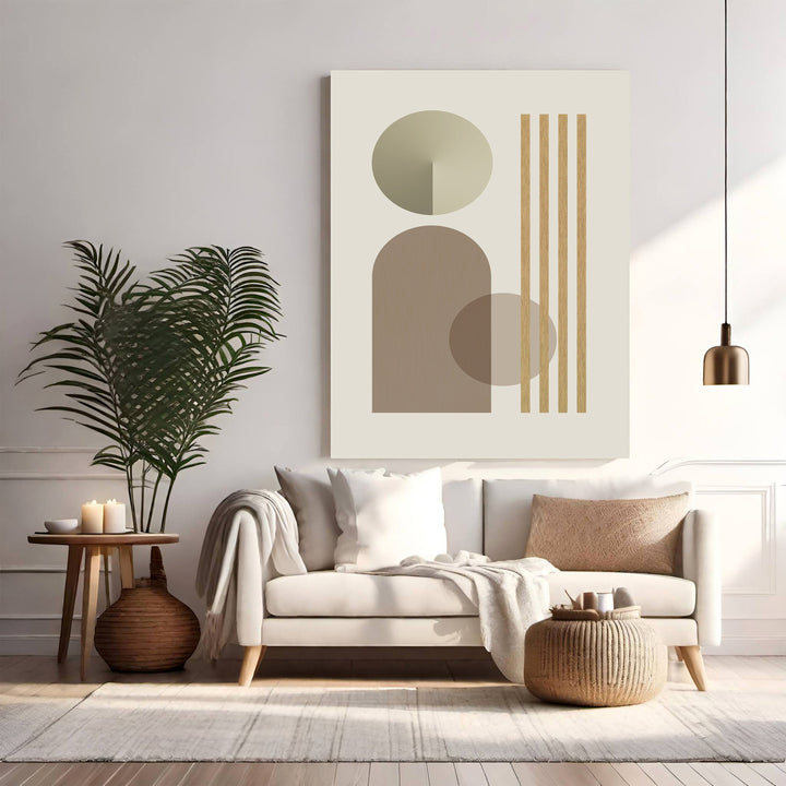 Wadi Home abstract geometric wall art with neutral tones, circles, arches, and vertical stripes.
