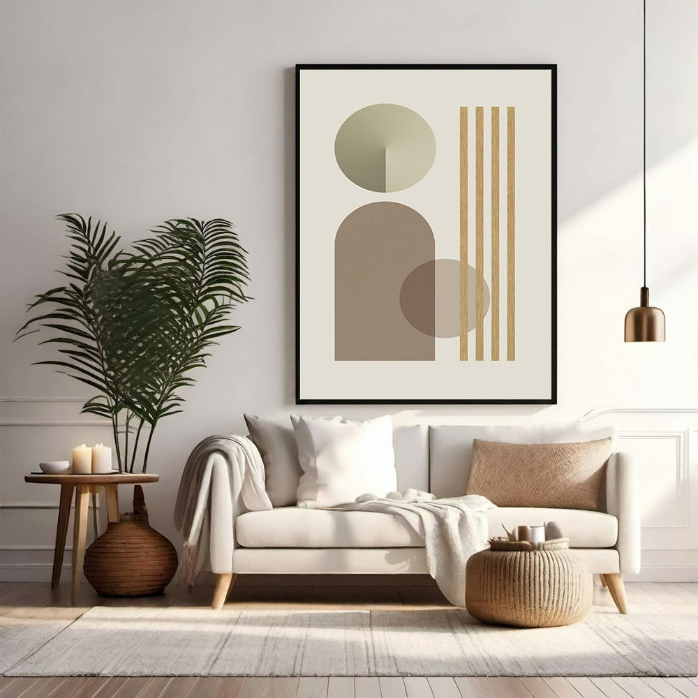 Wadi Home abstract geometric wall art with neutral tones, circles, arches, and vertical stripes.