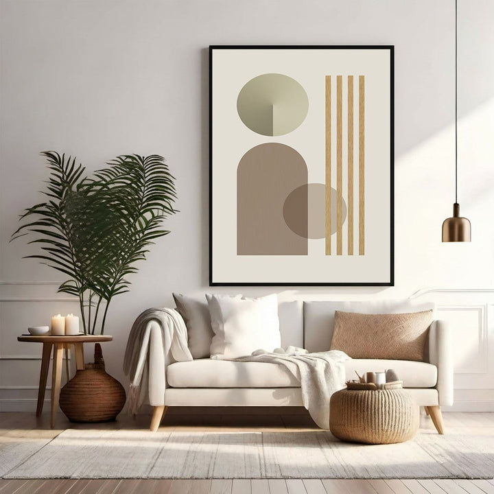 Wadi Home abstract geometric wall art with neutral tones, circles, arches, and vertical stripes.