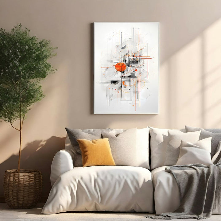 Wadi Home abstract geometric wall art with orange circle and black lines on white background.