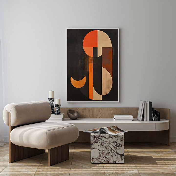 Wadi Home abstract geometric wall art with burnt orange, cream, and charcoal shapes. Modern art for living rooms.