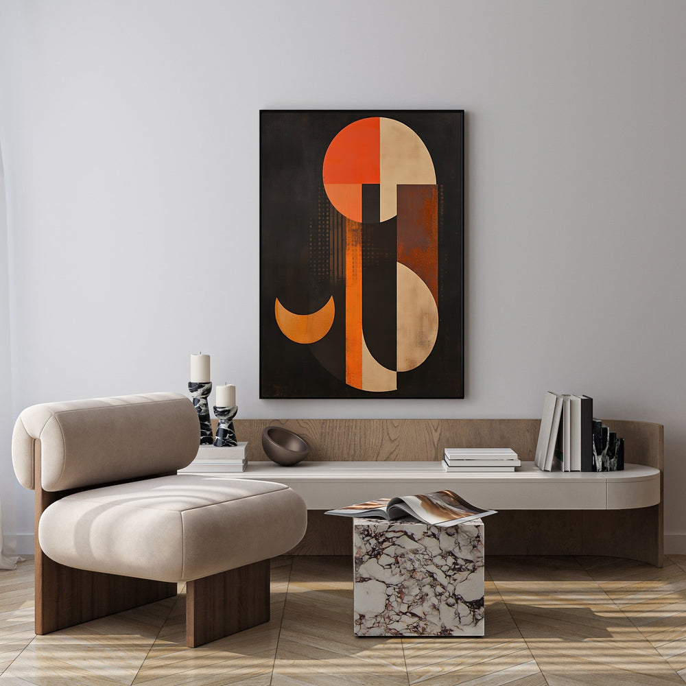 Wadi Home abstract geometric wall art in burnt orange, cream, and charcoal. Features circles, rectangles, and crescent shapes.