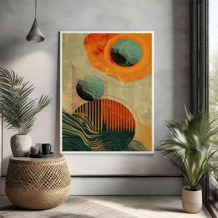 Wadi Home abstract geometric wall art with circles and lines in orange, teal, and earthy tones. Textured background.