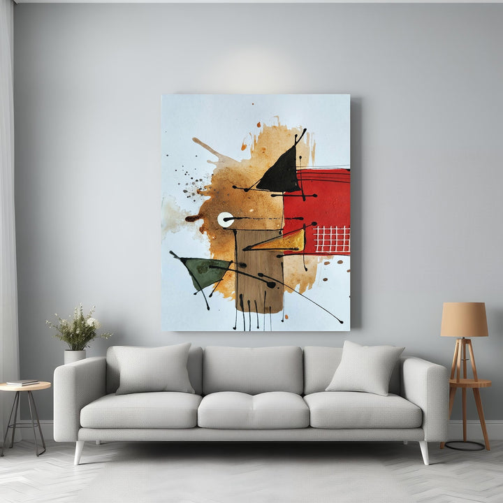 Wadi Home abstract geometric wall art with earthy tones, red, black lines, and mixed media texture.