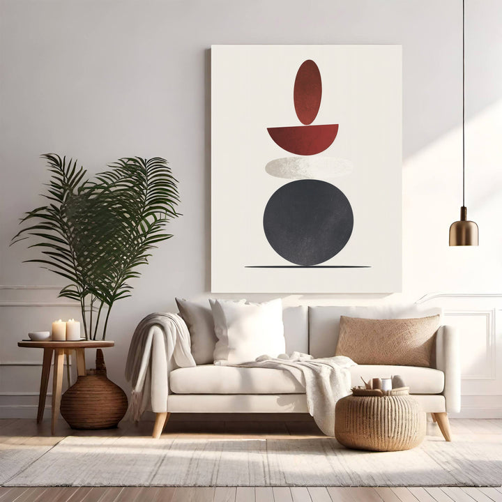 Wadi Home abstract geometric stacked shapes wall art in red, grey, and black on a cream background, framed with MDF and glass.