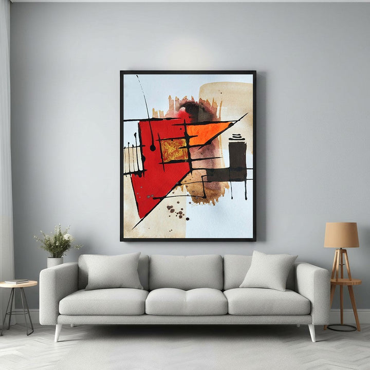 Wadi Home abstract geometric wall art with red, orange, and brown tones. Features sharp shapes and fluid lines.