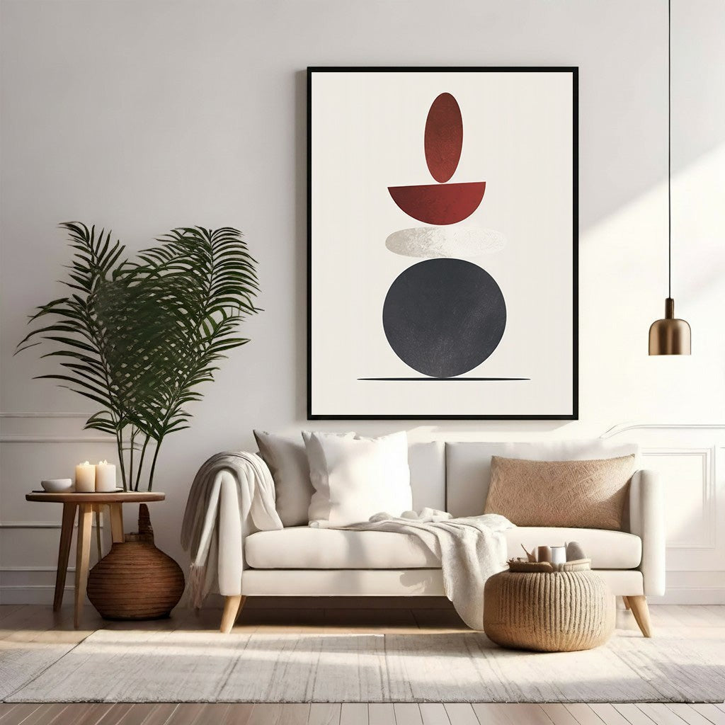 Wadi Home abstract geometric wall art with stacked red, grey, and cream shapes in a modern living room.