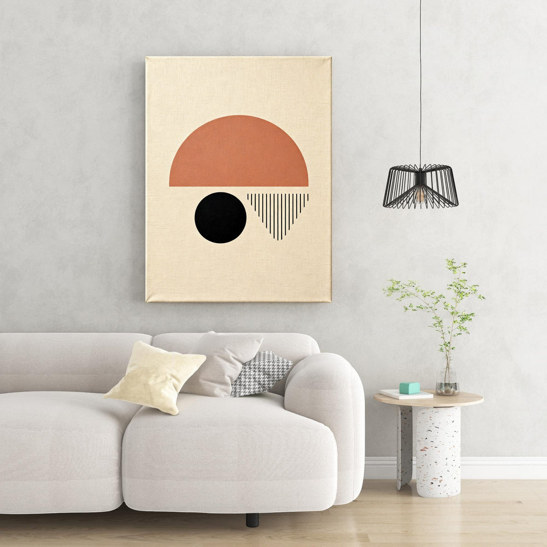 Wadi Home abstract geometric wall art with terracotta semi-circle, black circle, and vertical lines on textured background.