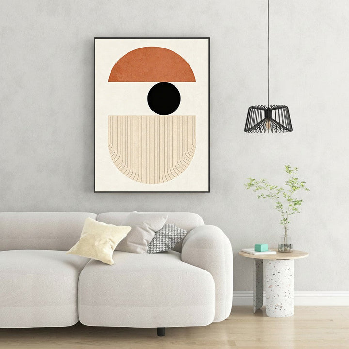 Wadi Home abstract geometric wall art with terracotta semi-circle, black circle, and textured neutral lower section.