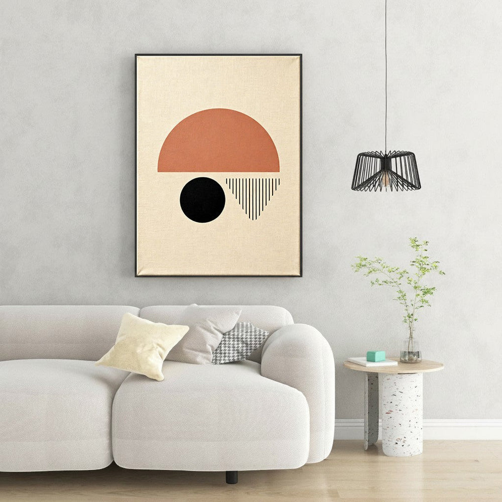 Wadi Home abstract geometric wall art with terracotta semi-circle, black circle, and vertical lines on textured background.