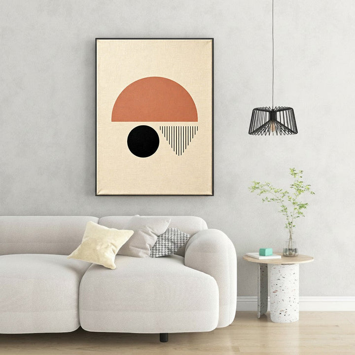 Wadi Home abstract geometric wall art with terracotta semi-circle, black circle, and vertical lines on textured background.