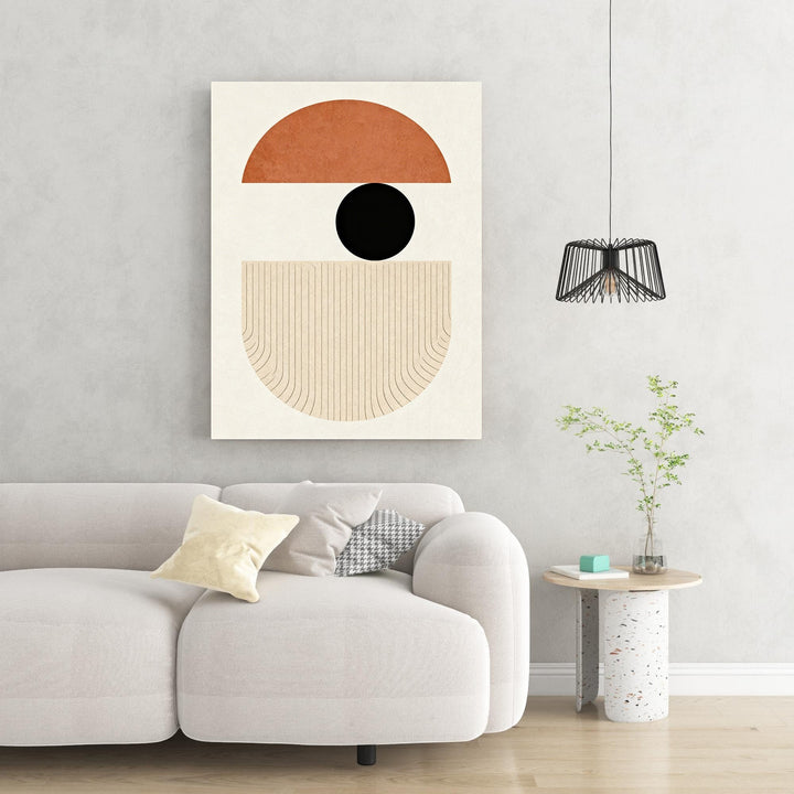 Wadi Home abstract geometric wall art with terracotta semi-circle, black circle, and textured neutral lower section.